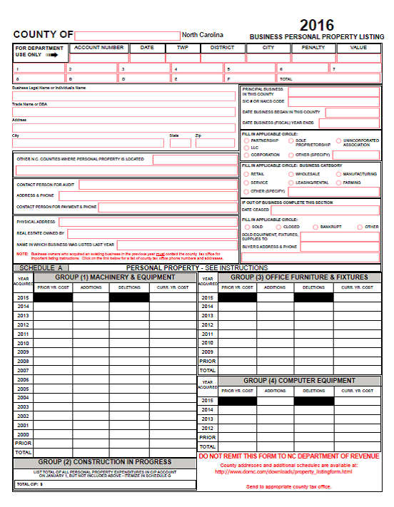 Page 1 of the 2016 North Carolina business personal property listing form, showing the business information section and Schedule A groups 1 through 4